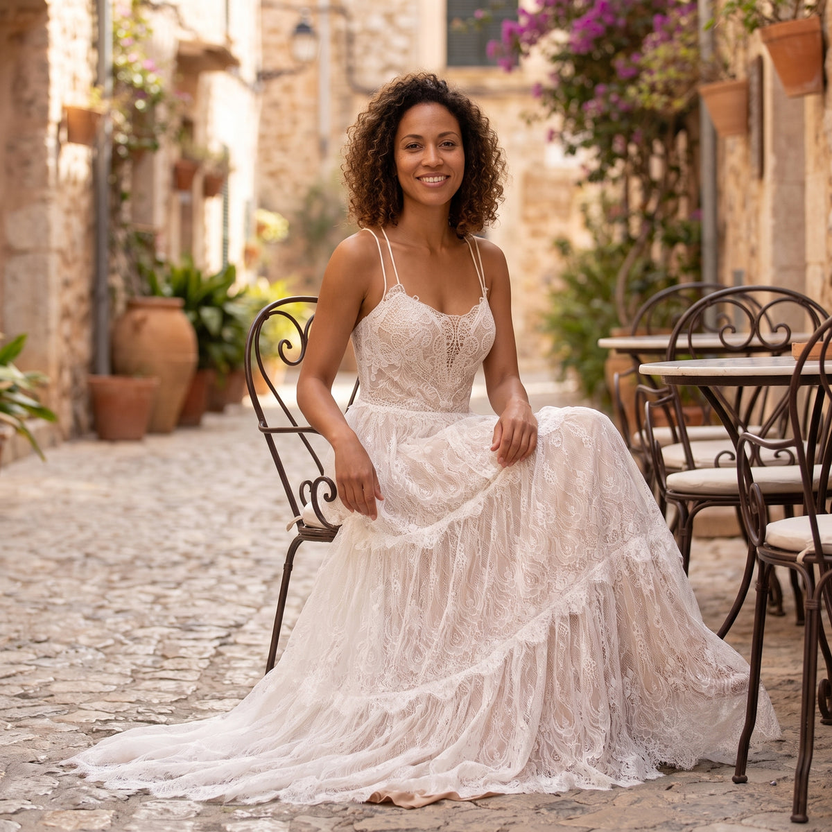 Modèle souriant en robe de mariée bohème dentelle, terrasse méditerranéenne