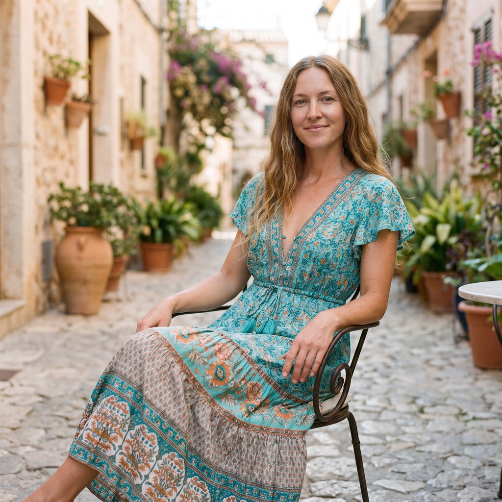 Modèle souriant en robe midi bohème fleurie, terrasse méditerranéenne