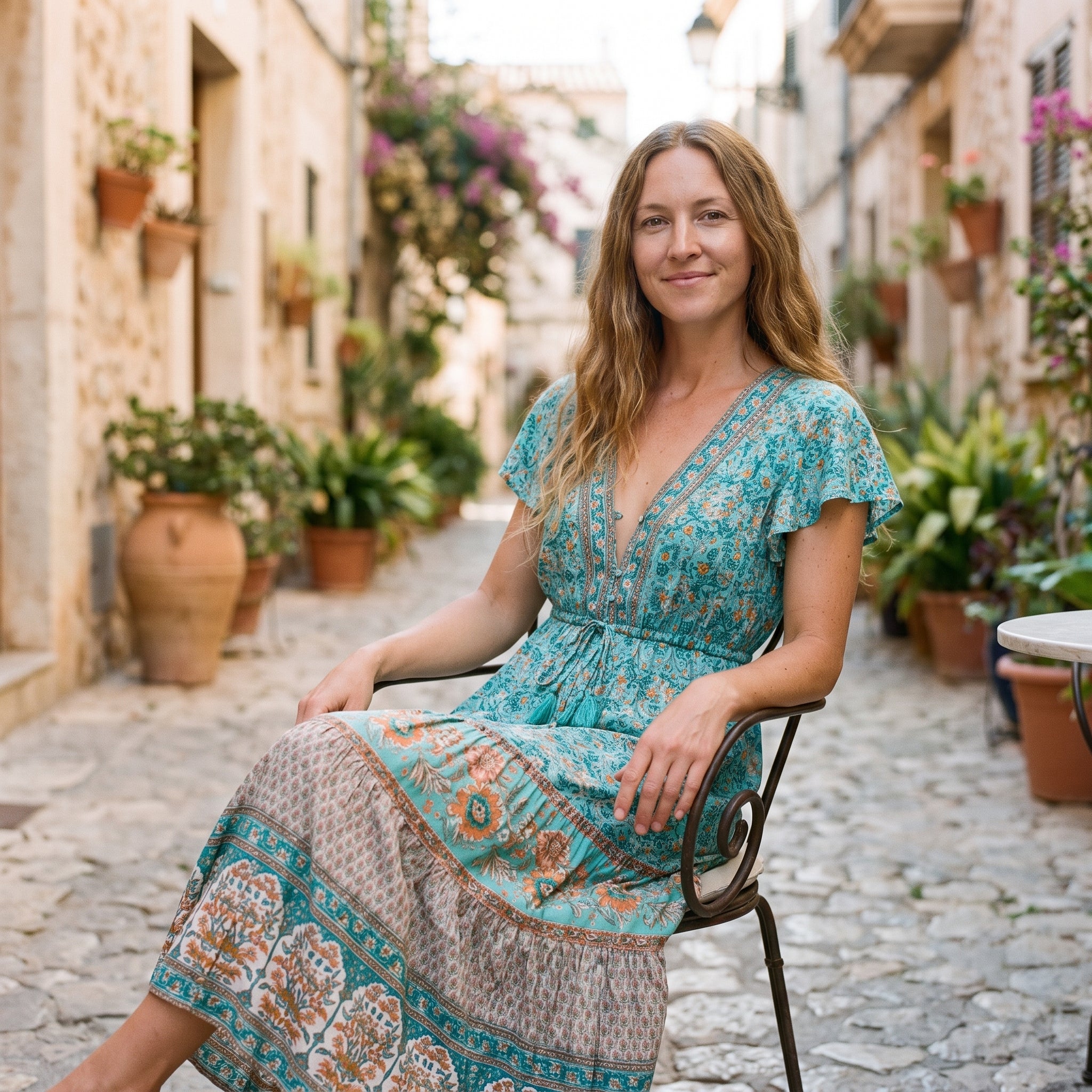 Modèle souriant en robe midi bohème fleurie, terrasse méditerranéenne Image
