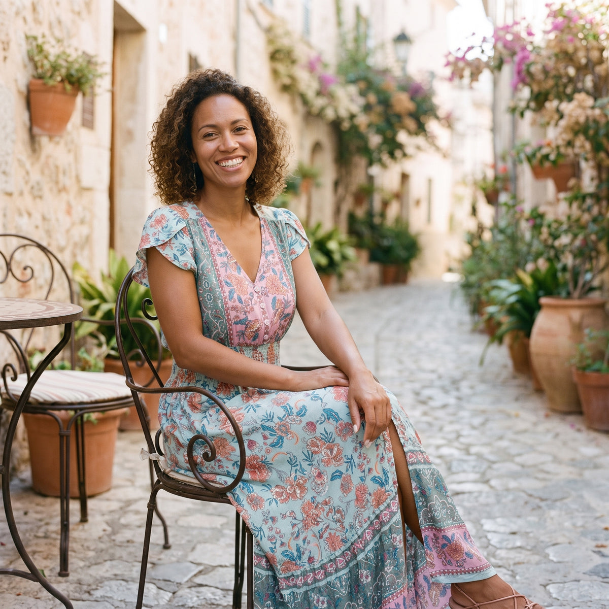 Modèle souriant assise en robe de soirée bohème fleurie, terrasse