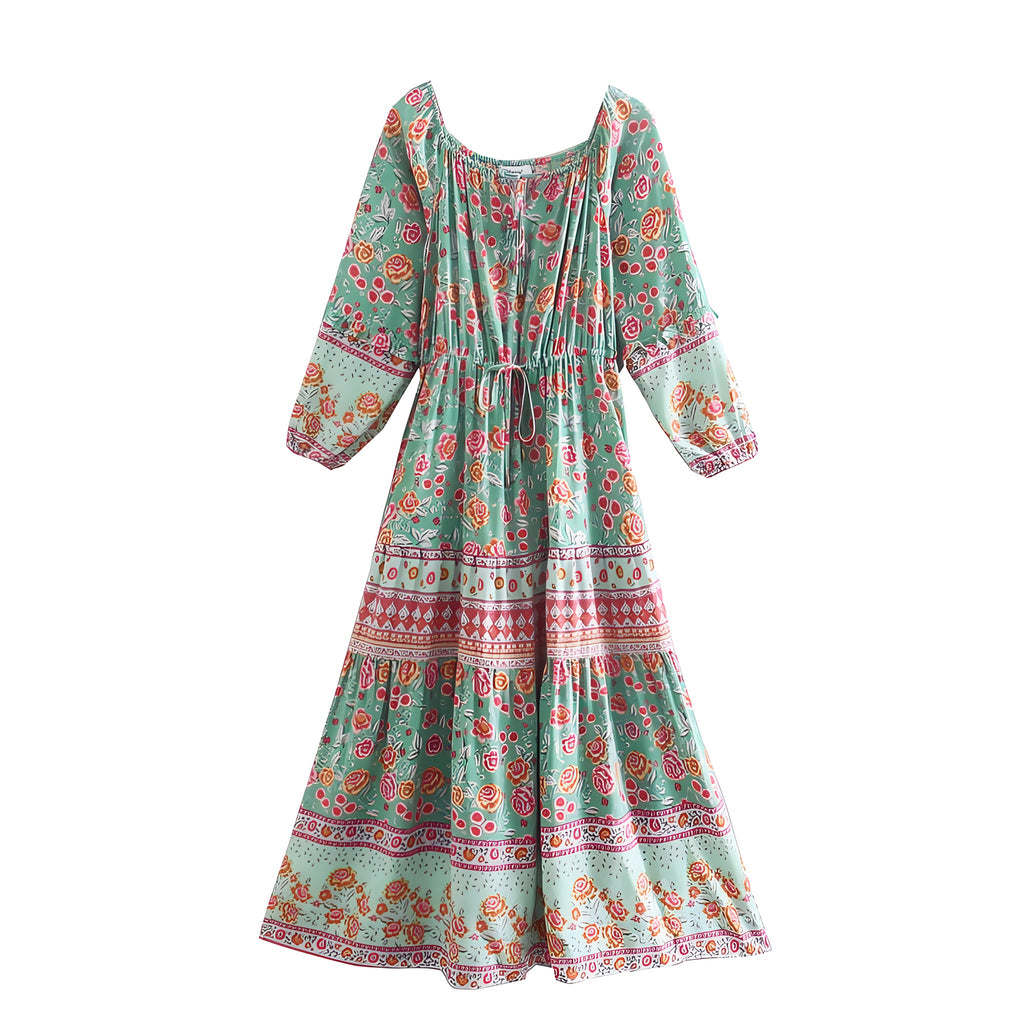 Robe à fleurs bohème verte