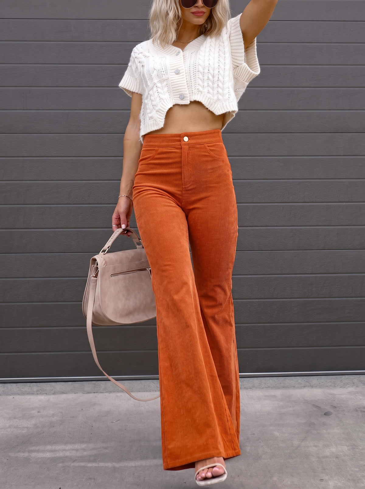 Pantalon patte d'eph orange velours cotele taille haute