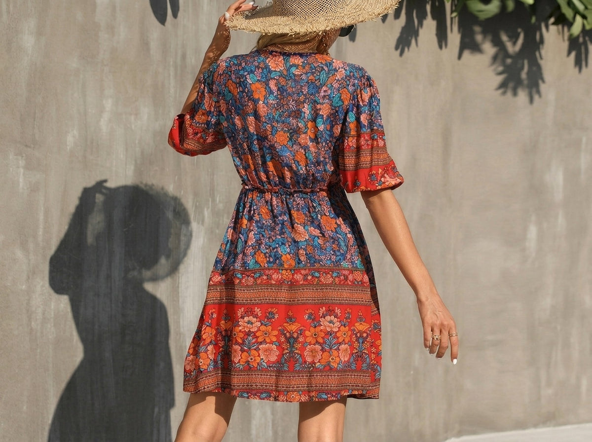 Robe courte hippie vue de dos taille froncée