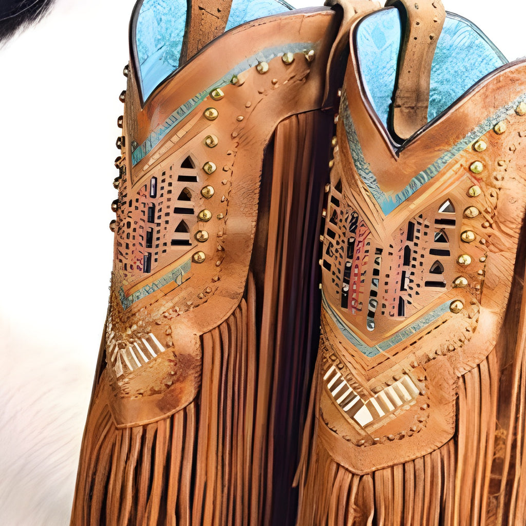 Détail des broderies ethniques, clous et accents turquoise