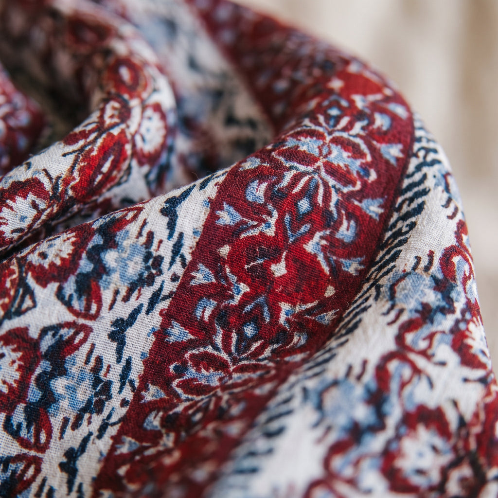 Gros plan sur l'imprimé ethnique rouge et écru du pantalon hippie large