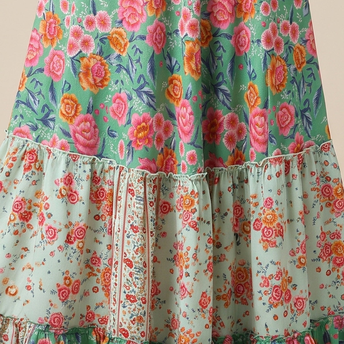 Détail de l'imprimé floral et de la taille smockée à pompons