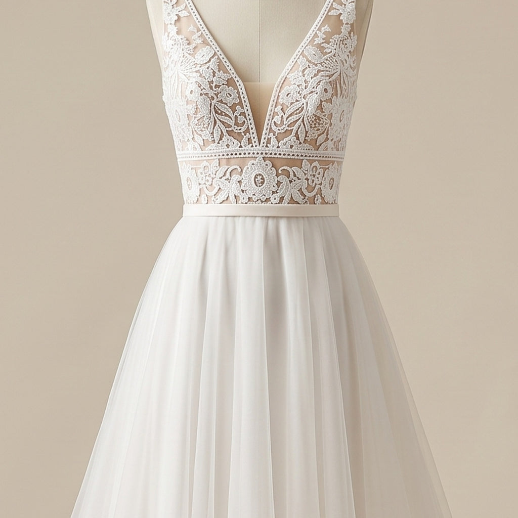 Détail du bustier en dentelle appliquée florale