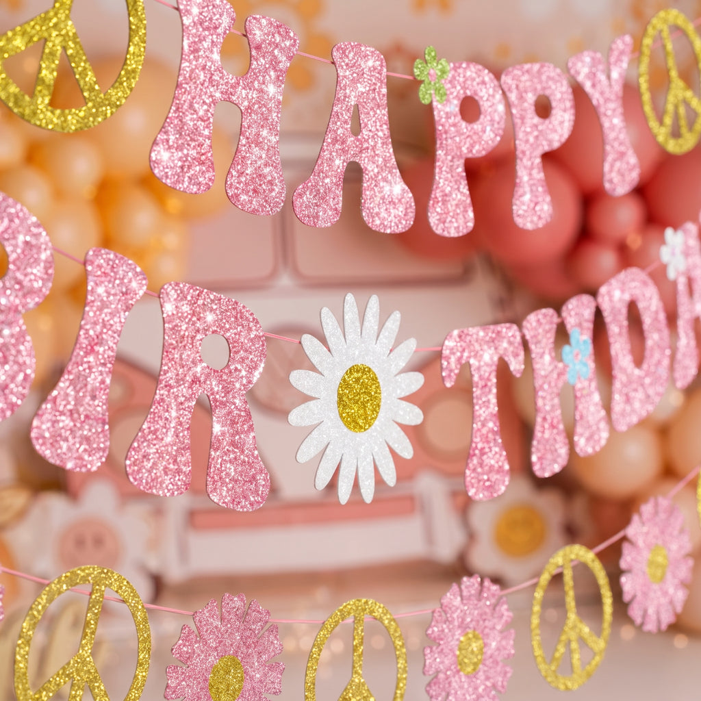 Détail de la guirlande HAPPY BIRTHDAY du kit d’anniversaire hippie, lettres roses pailletées et signes peace dorés