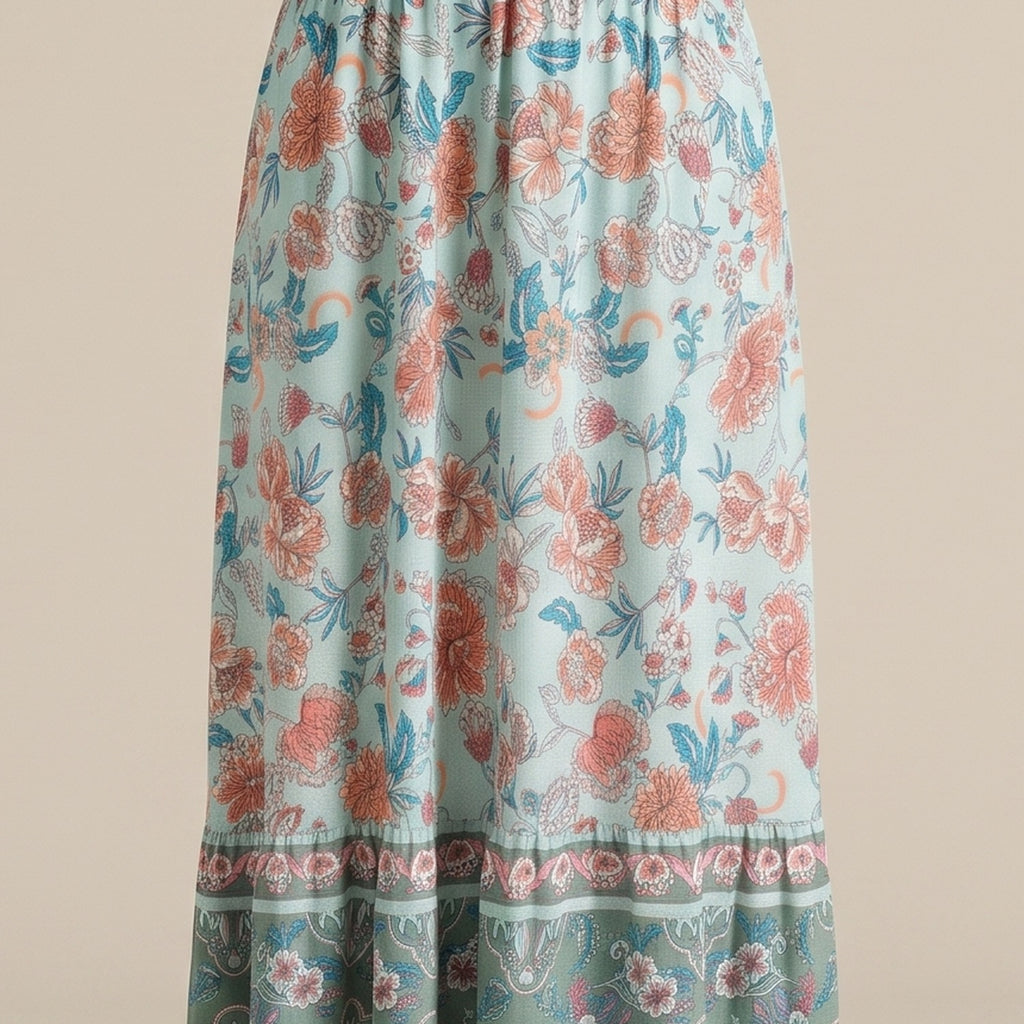 Détail de l'imprimé floral bohème menthe et corail