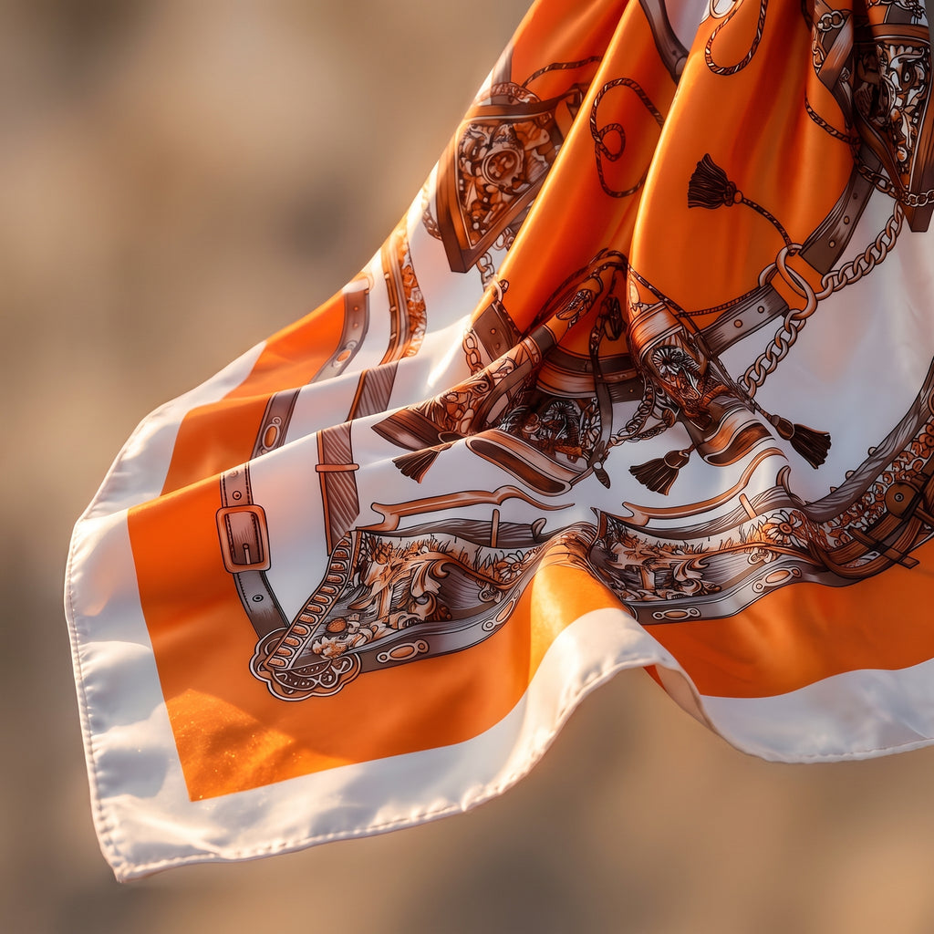 Gros plan sur l'imprimé baroque du foulard cheveux hippie en satin orange, chaînes dorées, ceintures et glands