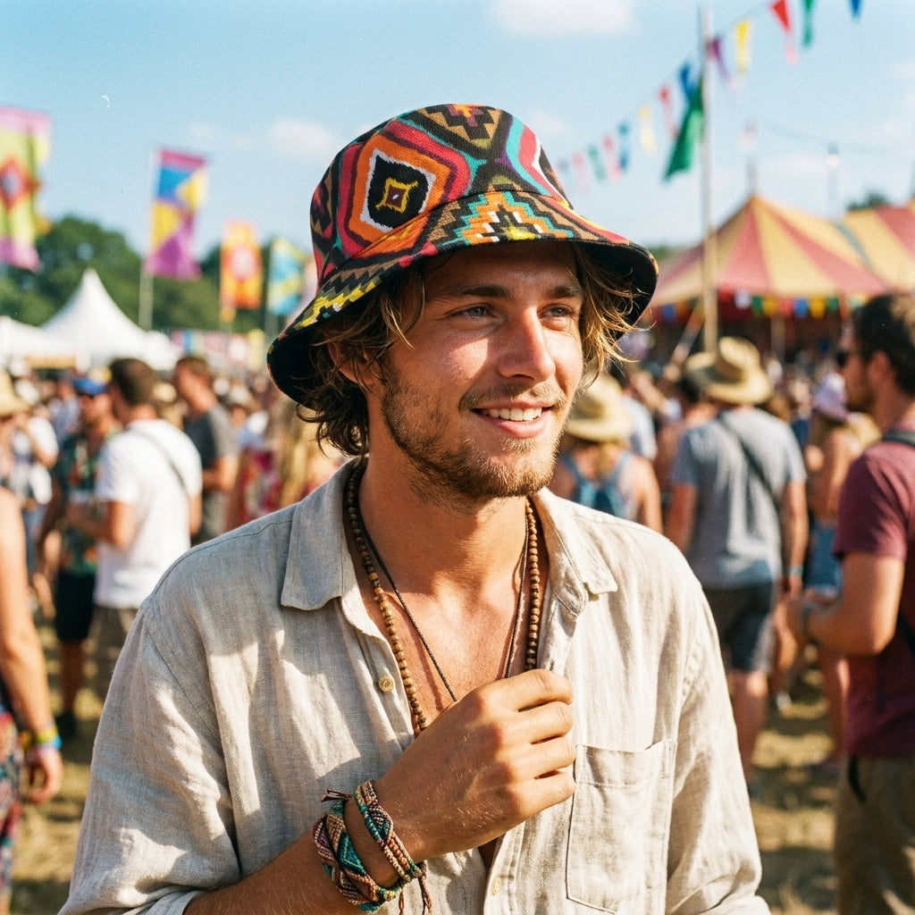 Homme portant le bob hippie motif aztèque en festival