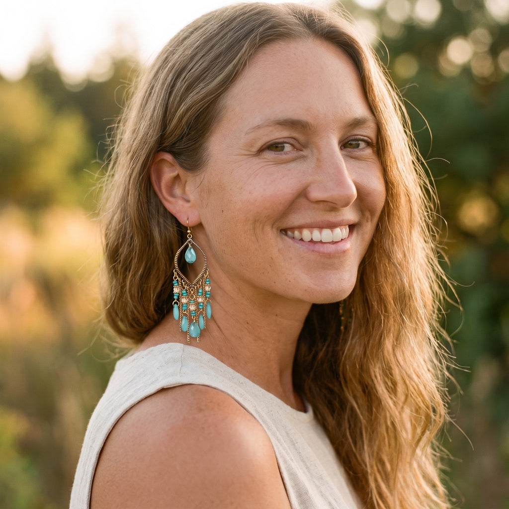 Femme souriante portant les boucles d'oreilles hippie chic turquoise