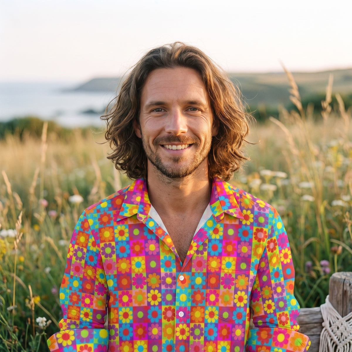 Chemise hippie homme flower power damier multicolore portée souriante
