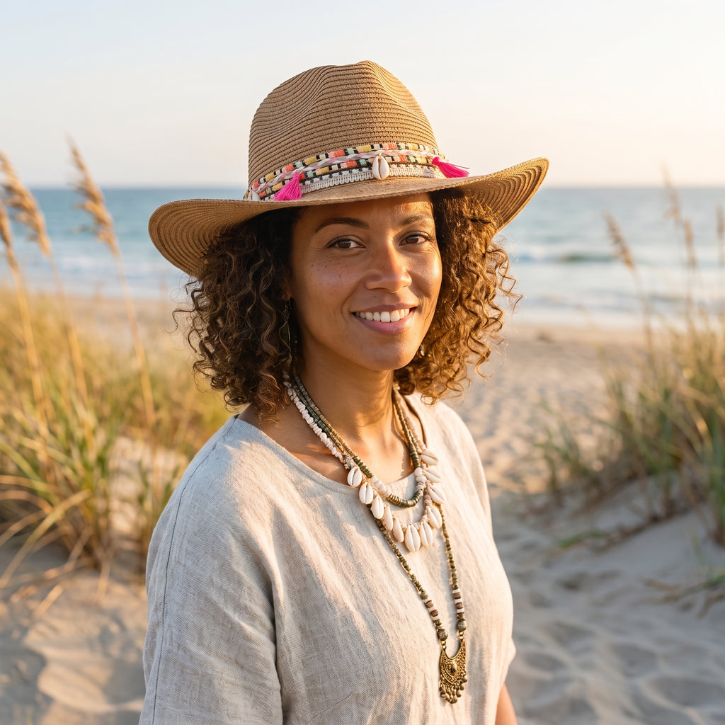 Chapeau de paille bohème porté femme