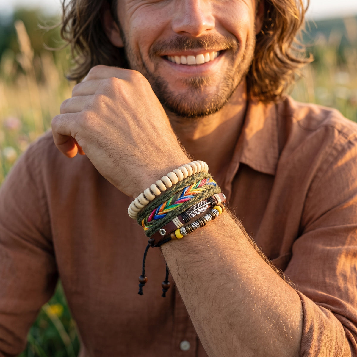 Homme souriant portant le set de bracelets bohème homme