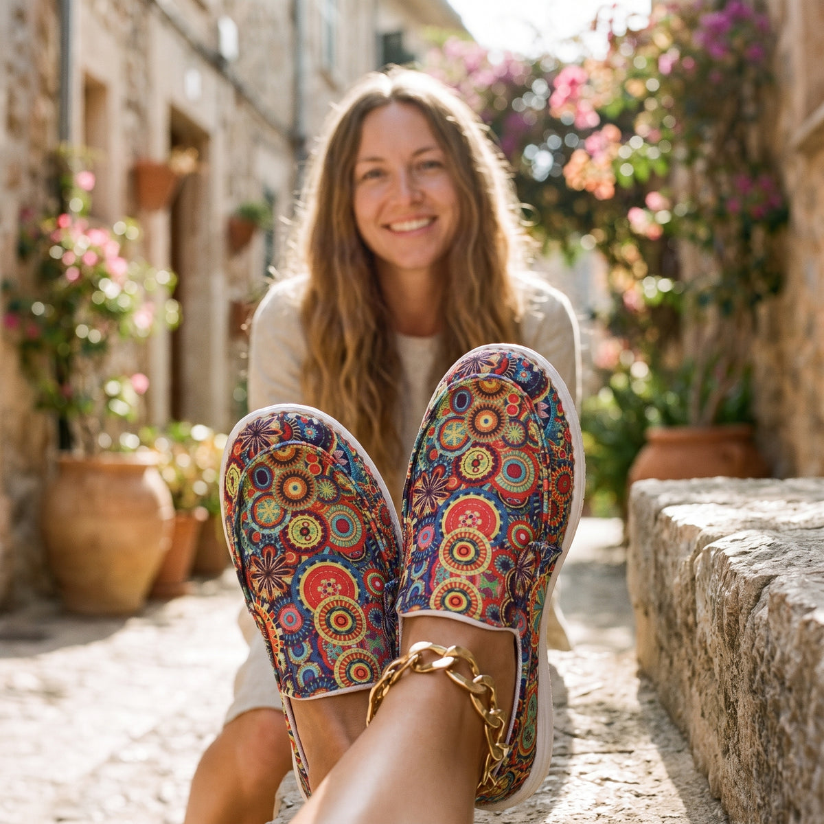 Slip-on bohème imprimé mandala portées par un modèle souriant, ruelle méditerranéenne