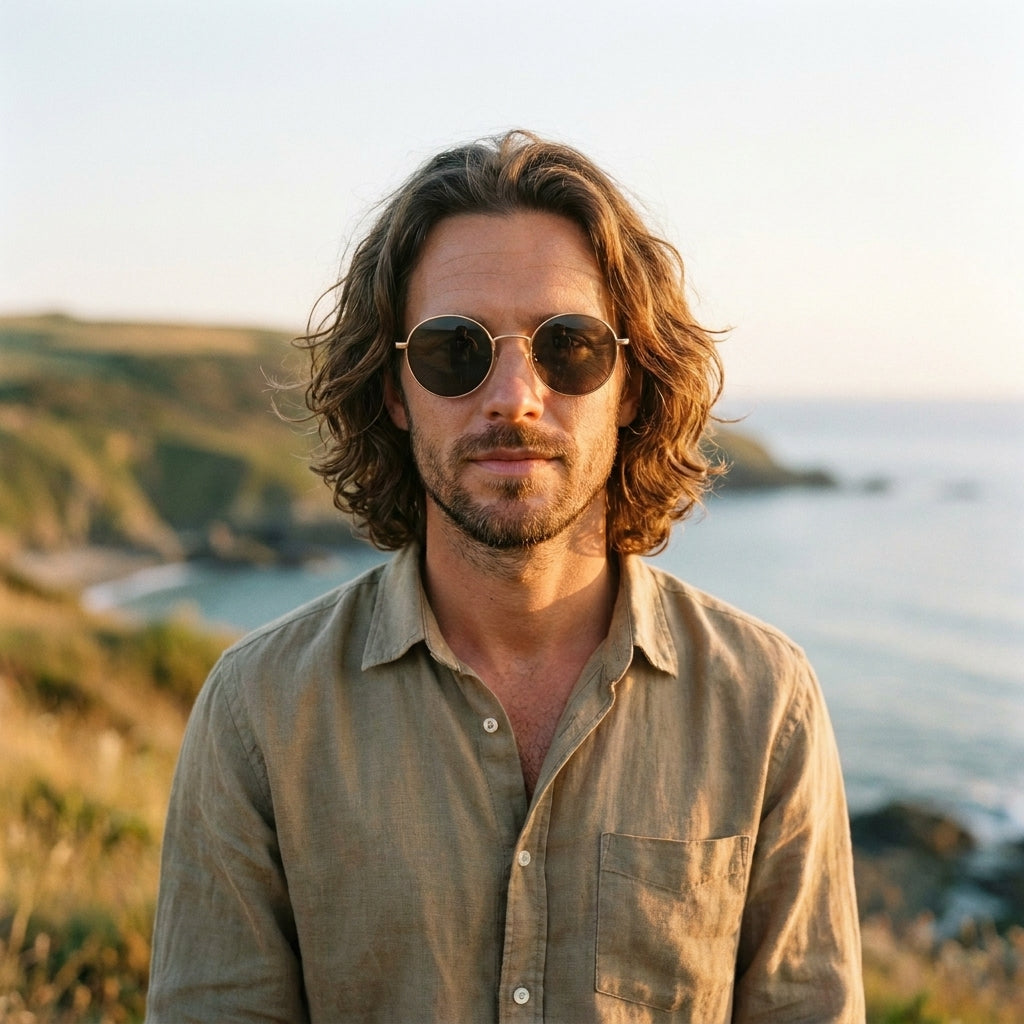 Lunettes rondes hippie monture doree verres sombres portees homme Image