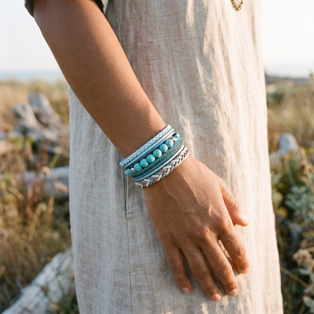 Bracelet amérindien turquoise porté au poignet en extérieur