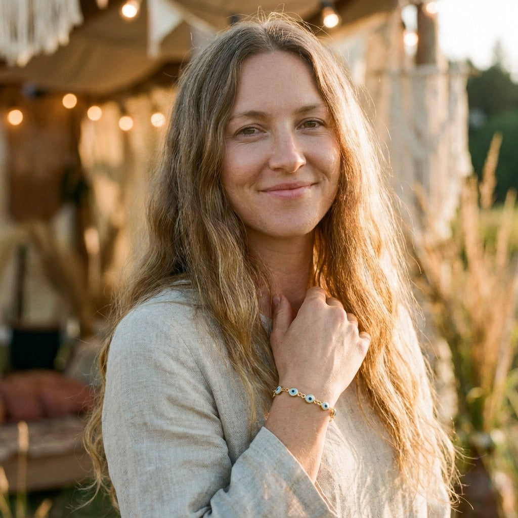 Femme souriante portant le bracelet mauvais oeil nazar bleu, ambiance boheme