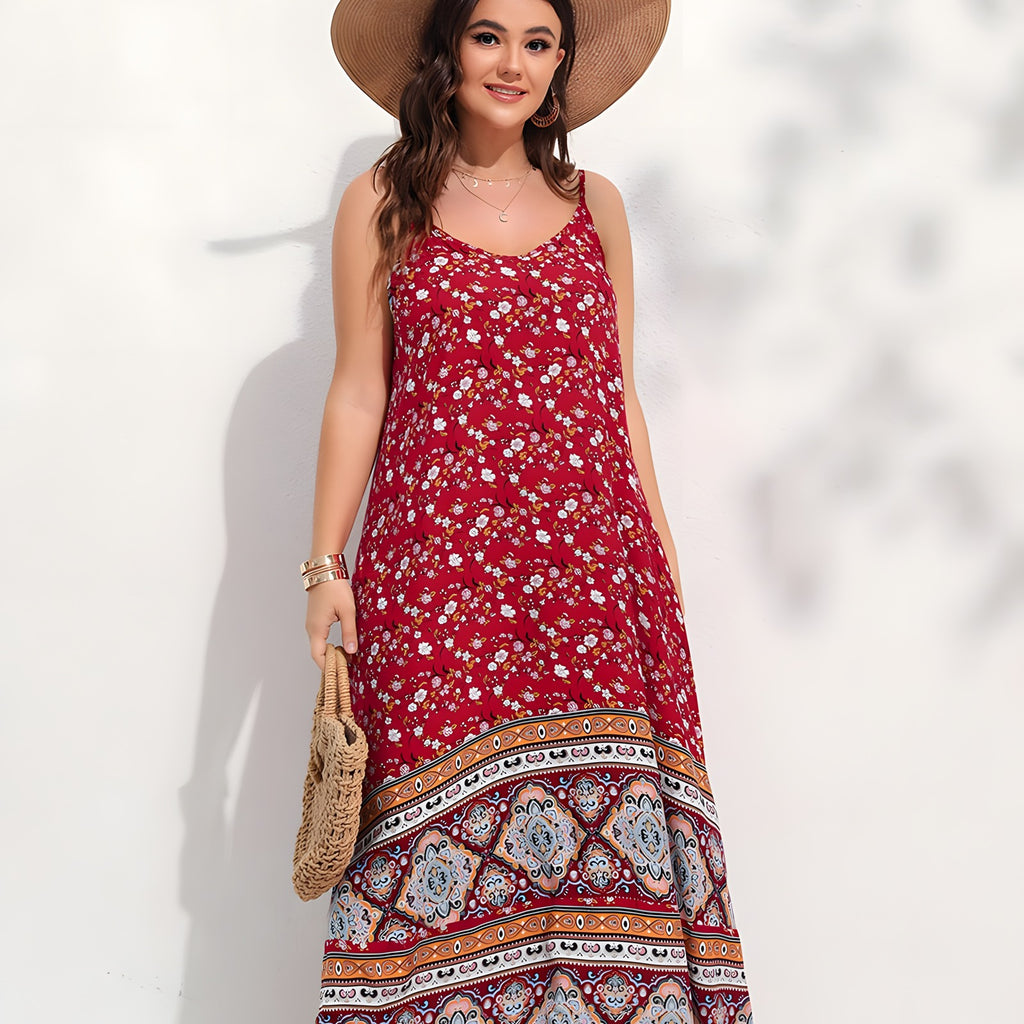 Robe longue bohème rouge à fleurs portée, haut fleuri et bretelles