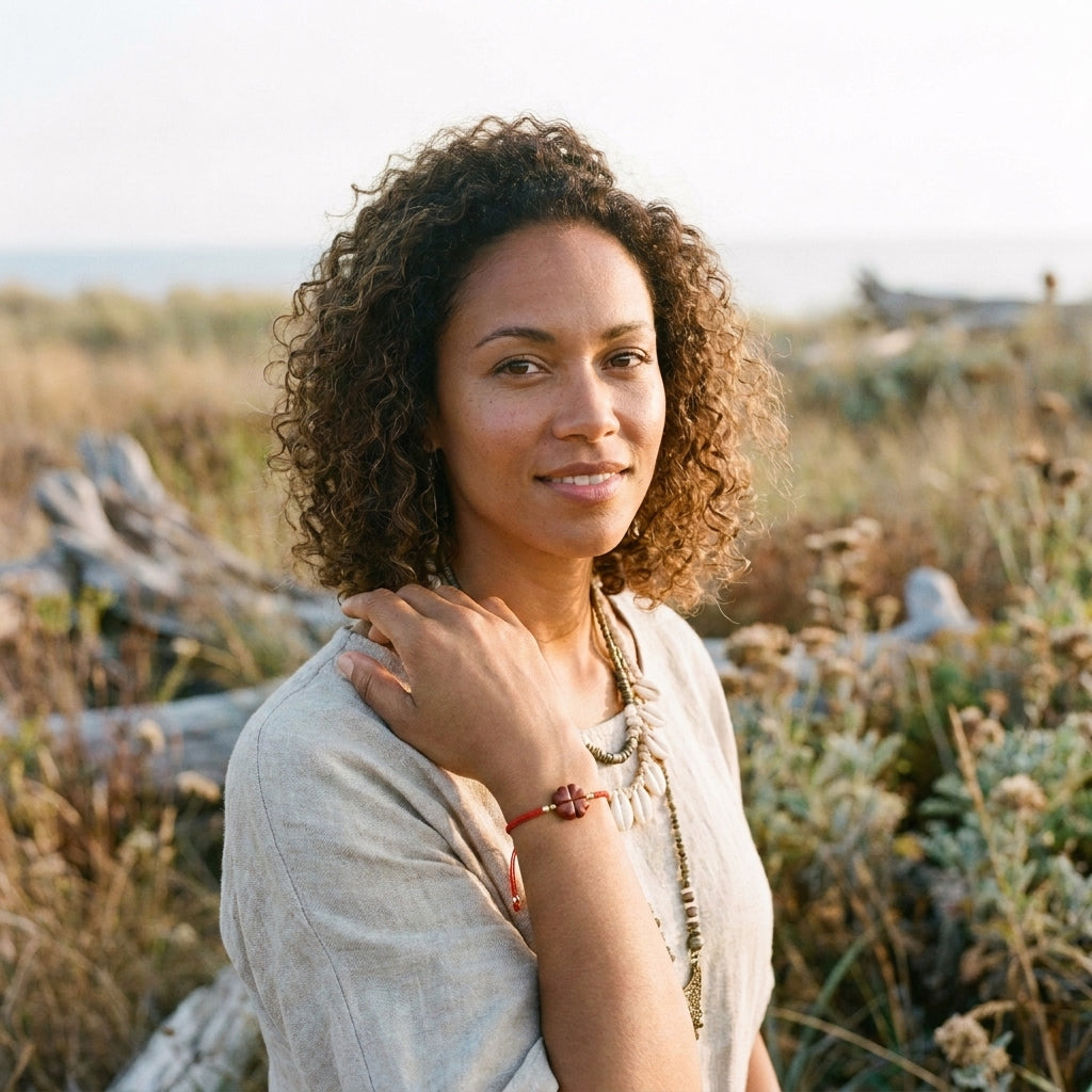 Femme souriante portant le bracelet cinabre fil rouge trèfle porte-bonheur