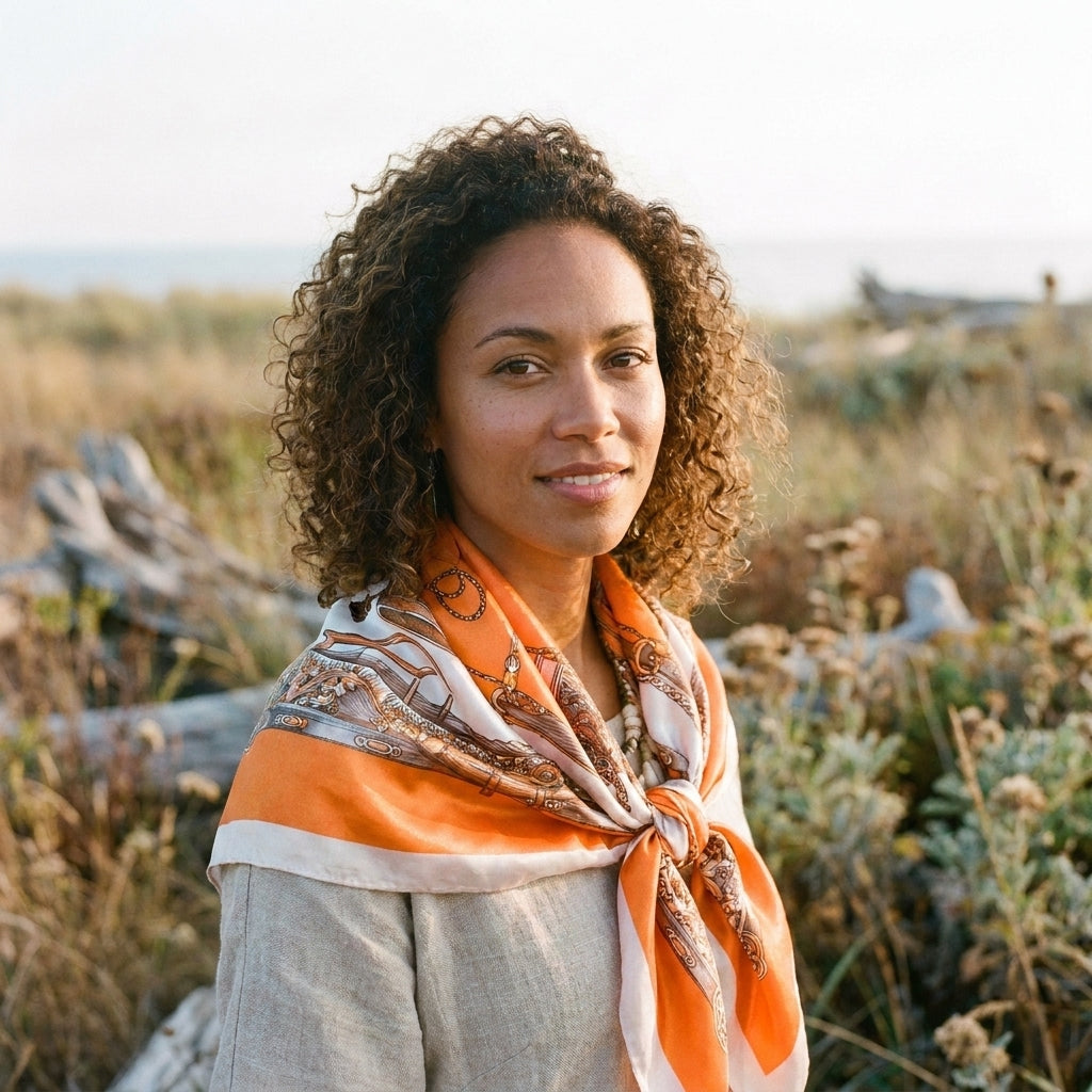 Foulard cheveux hippie satin orange porté autour du cou Image