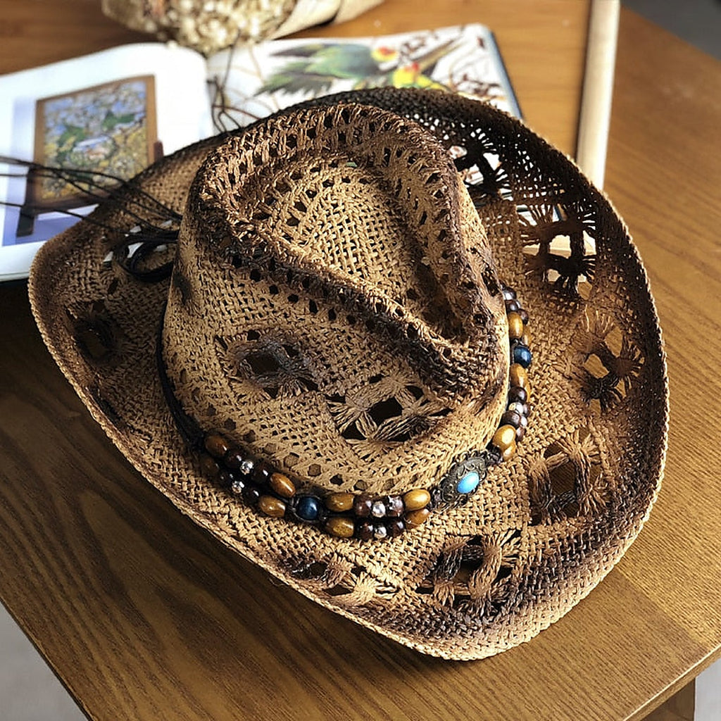 Chapeau de paille femme noir café, style western bohème perles bois