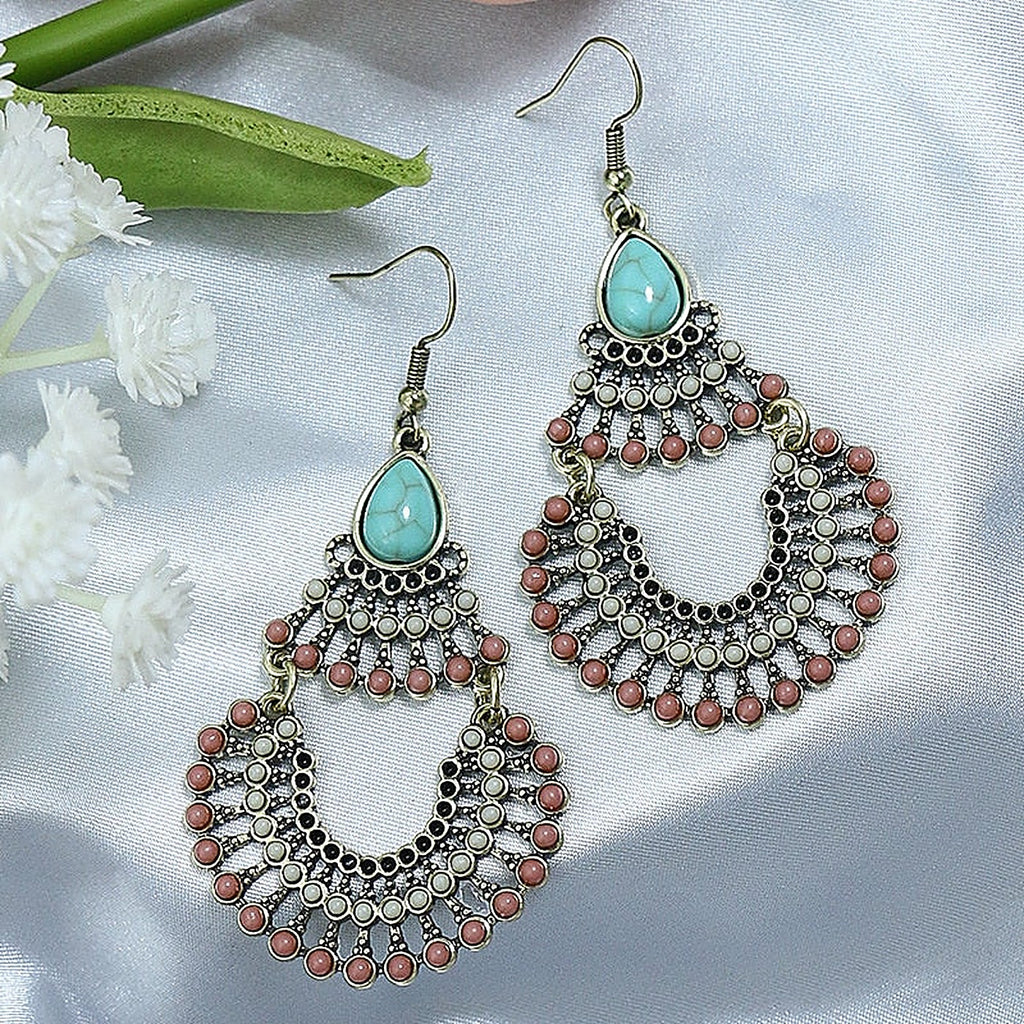 Boucles oreilles hippie chic goutte turquoise et perles bohème