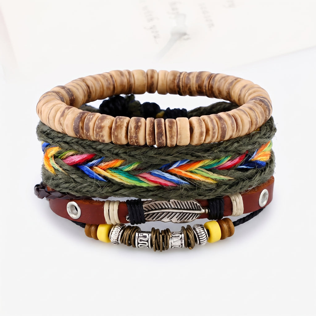 Set de 4 bracelets homme bohème cuir, perles de coco et plume argentée