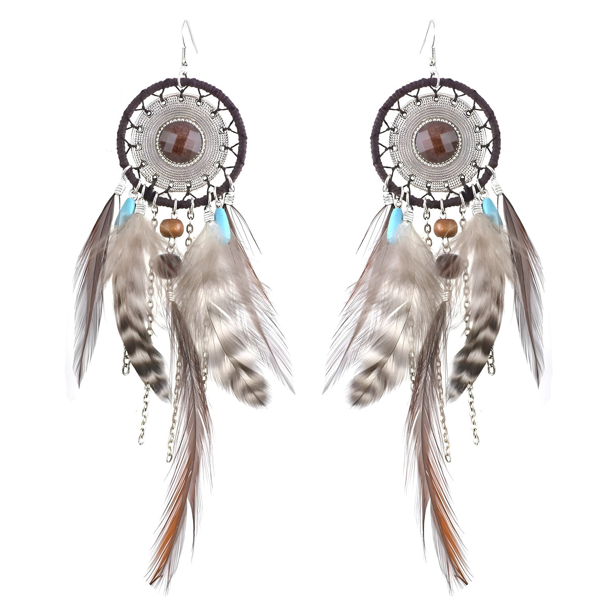 Boucles d'oreilles attrape-reves plumes naturelles beige