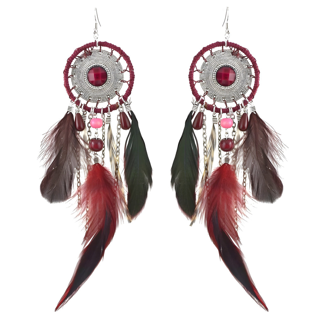 Boucles d'oreilles attrape-reves plumes bordeaux