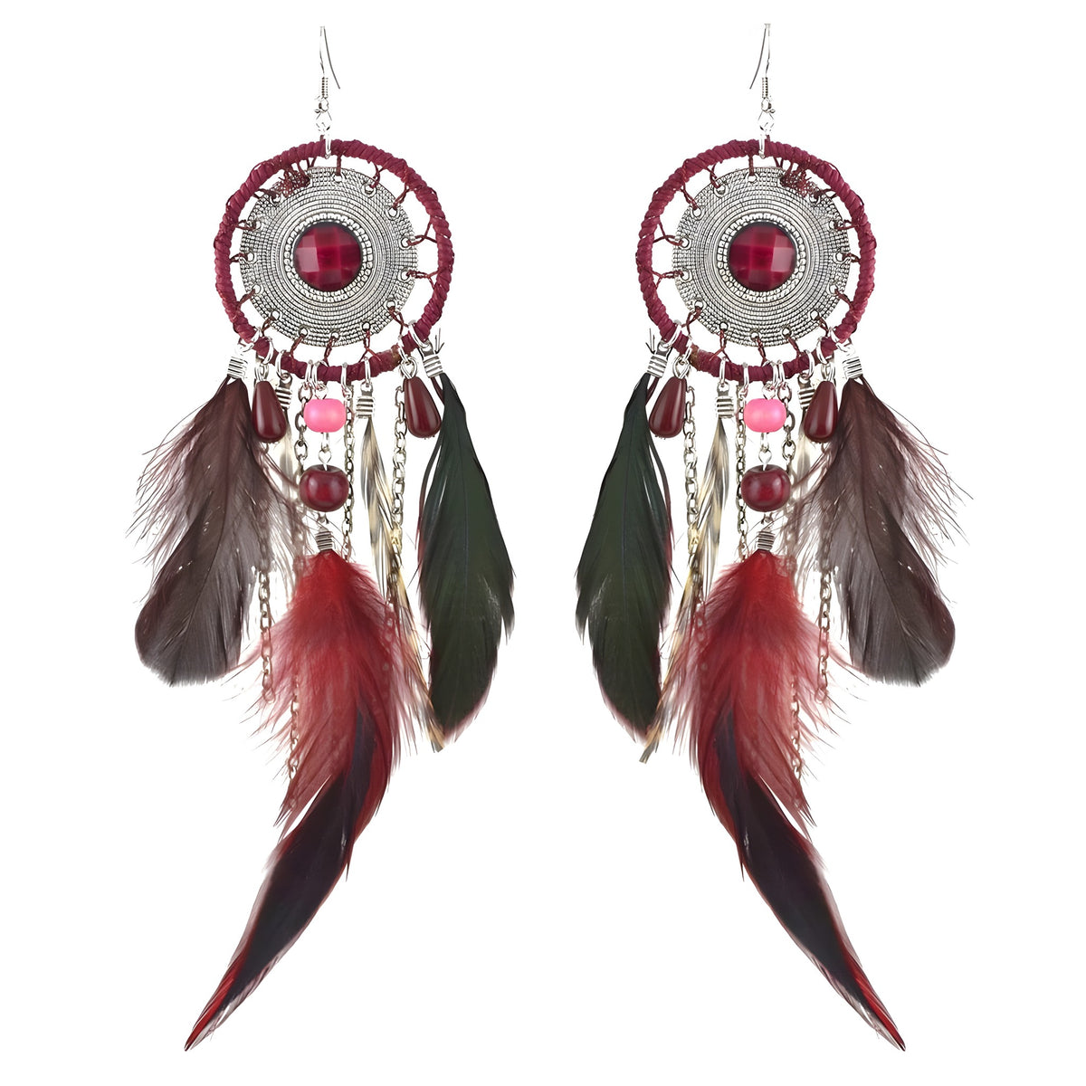 Boucles d'oreilles attrape-reves plumes bordeaux