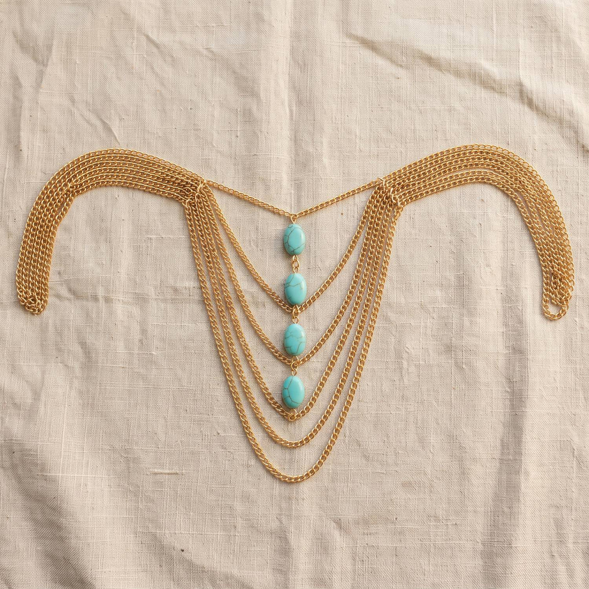 Bijou de tête hippie chaînes dorées et pierres turquoise, packshot