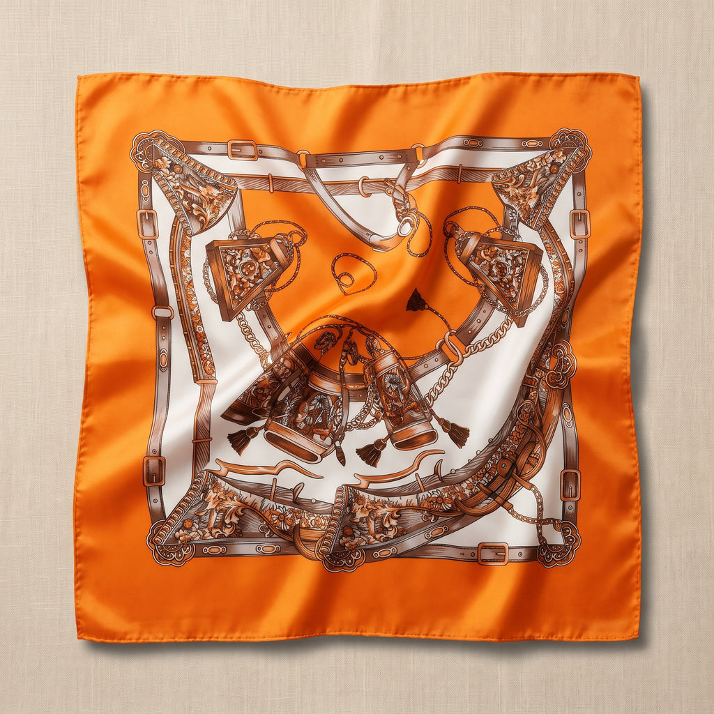 Foulard cheveux hippie en satin orange à imprimé baroque, étalé à plat sur un fond lin beige