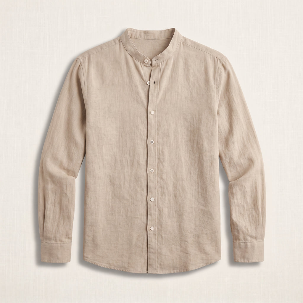 Chemise hippie homme en lin beige, col officier, packshot