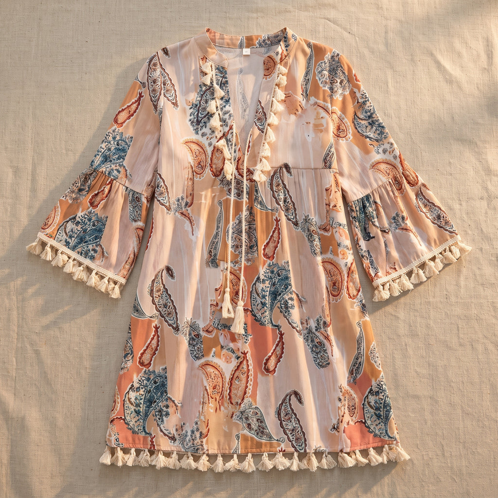 Robe hippie année 70 bohème à imprimé cachemire et pompons crème