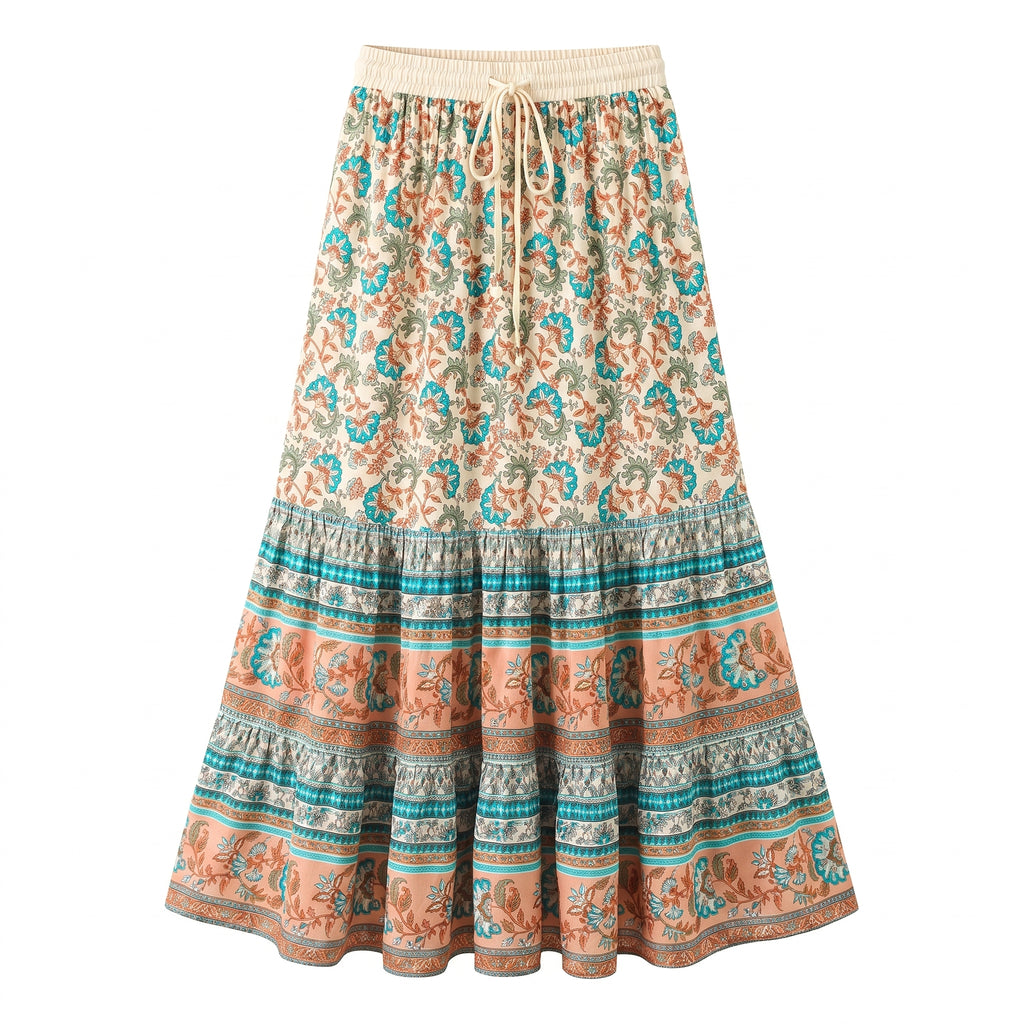 Jupe hippie femme en coton floral bohème turquoise et corail, packshot fond blanc