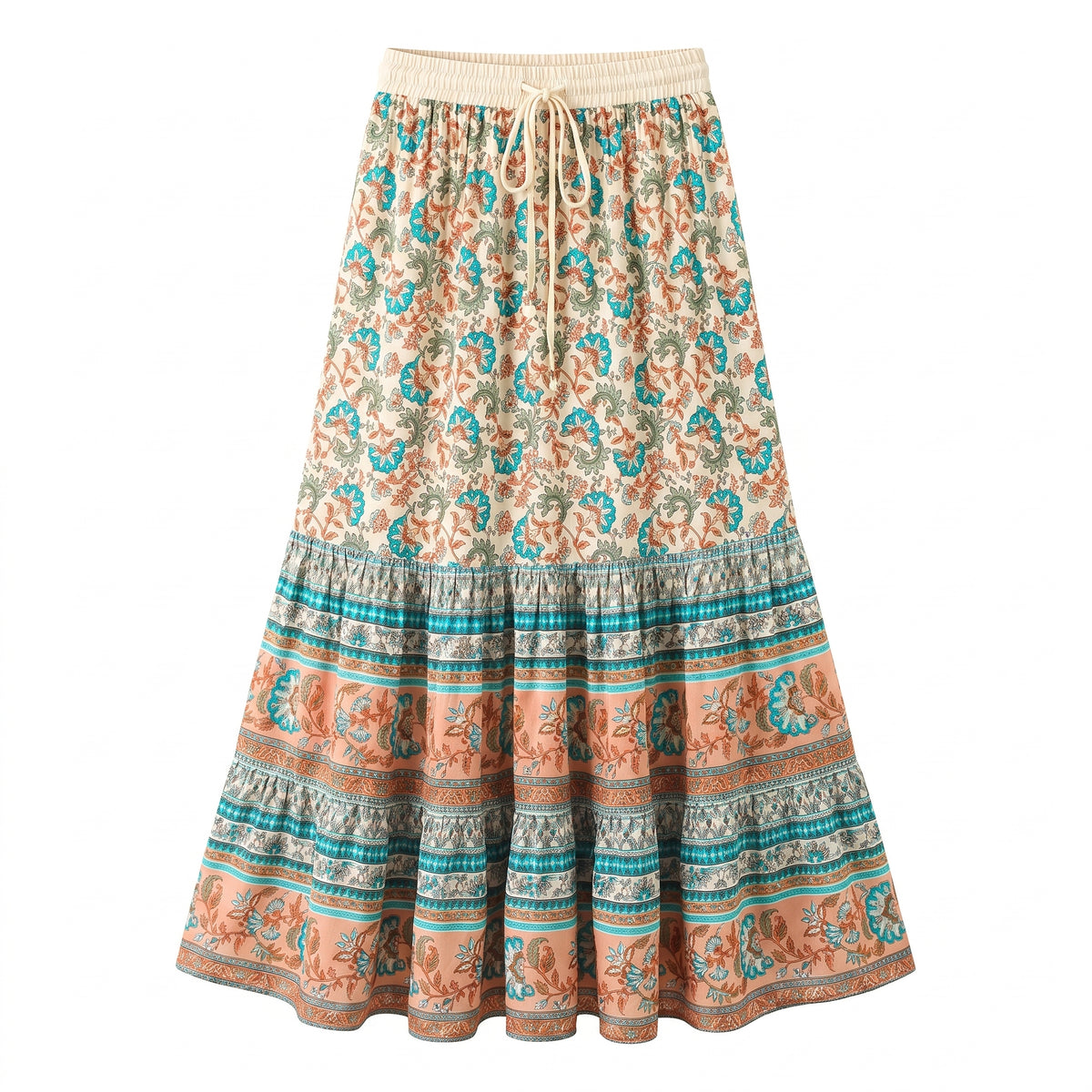 Jupe hippie femme en coton floral turquoise et corail à volants, packshot fond blanc Image