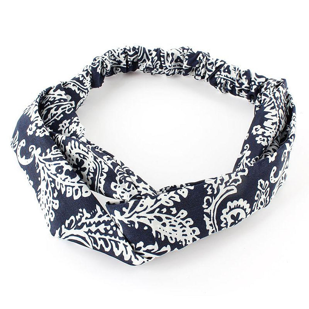 Bandeau cheveux hippie femme torsadé paisley marine et blanc