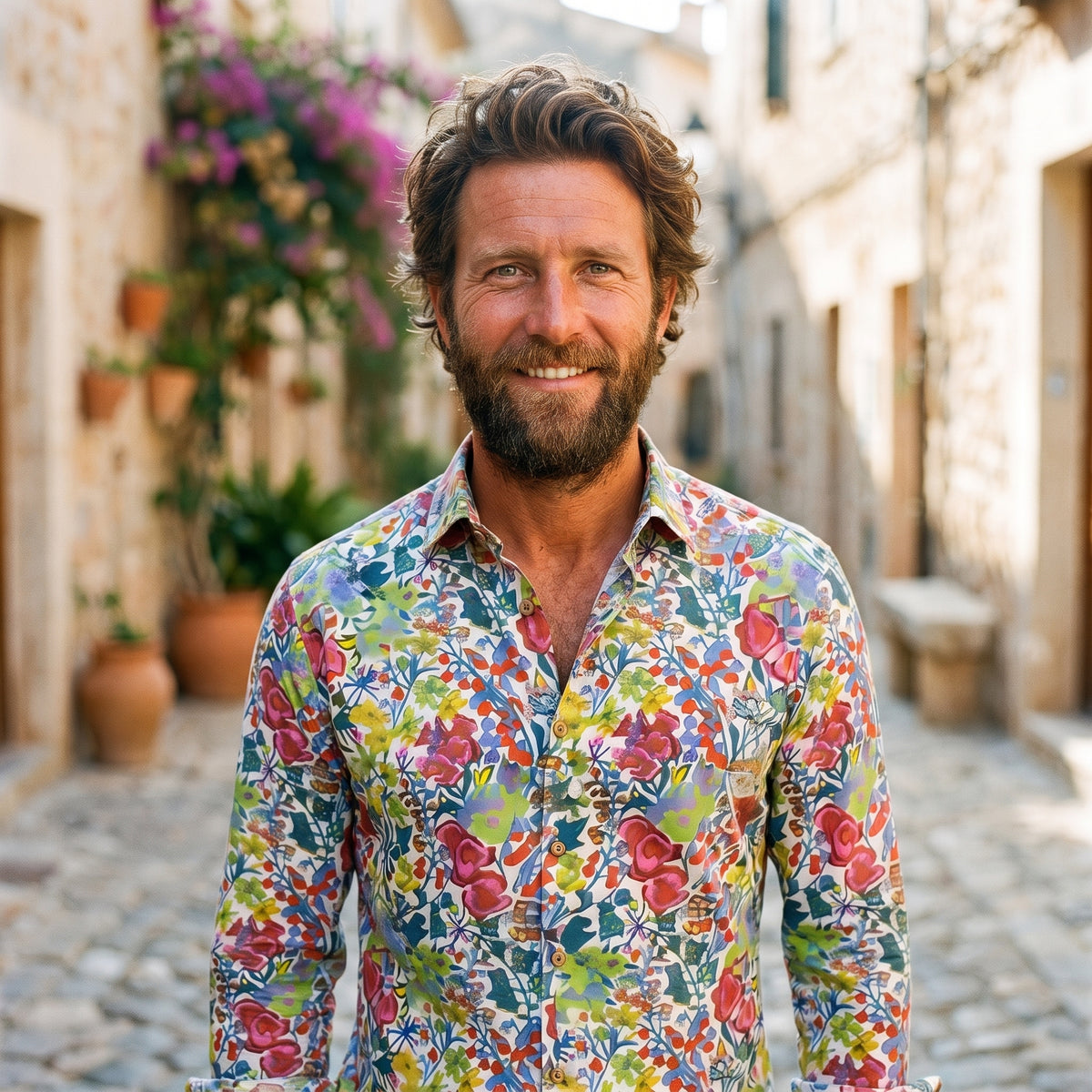 Chemise à fleurs homme hippie coloris bleu, modèle souriant en ruelle méditerranéenne