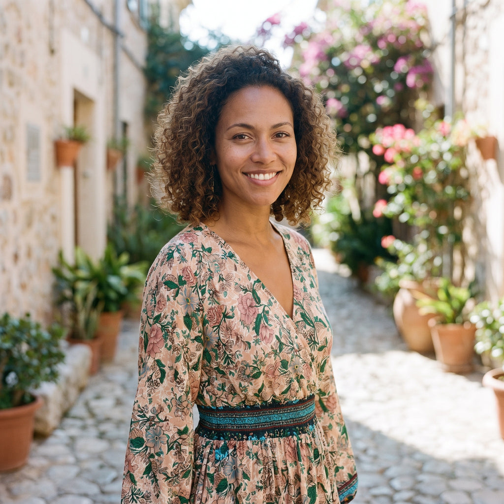 Modèle souriante portant la robe boho hippie à manches longues dans une ruelle méditerranéenne