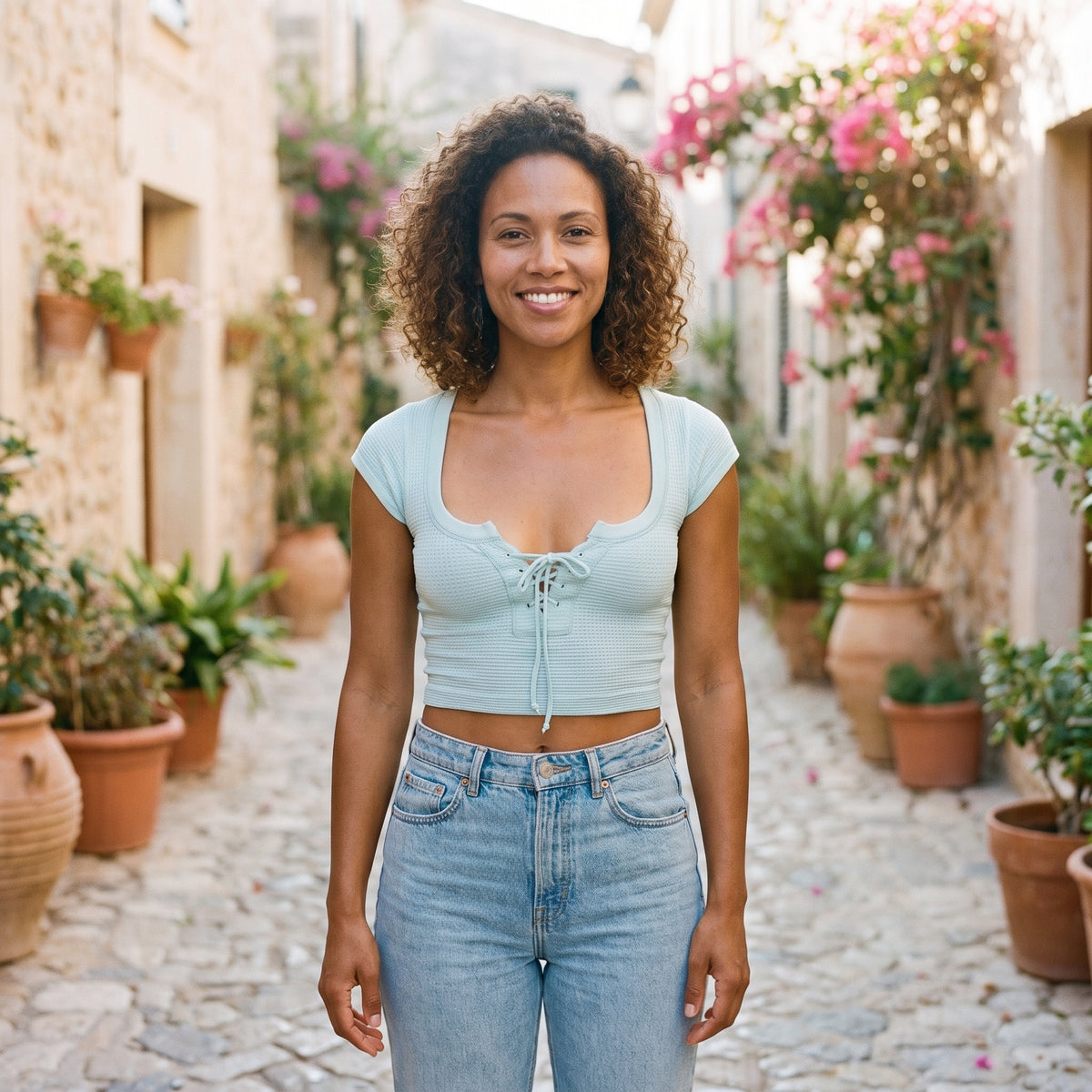 Crop-top maille gaufrée bleu ciel à laçage porté par un modèle souriant