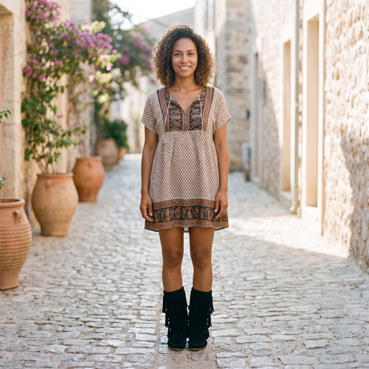 Modèle souriante portant les bottes à franges noires en daim dans une ruelle méditerranéenne