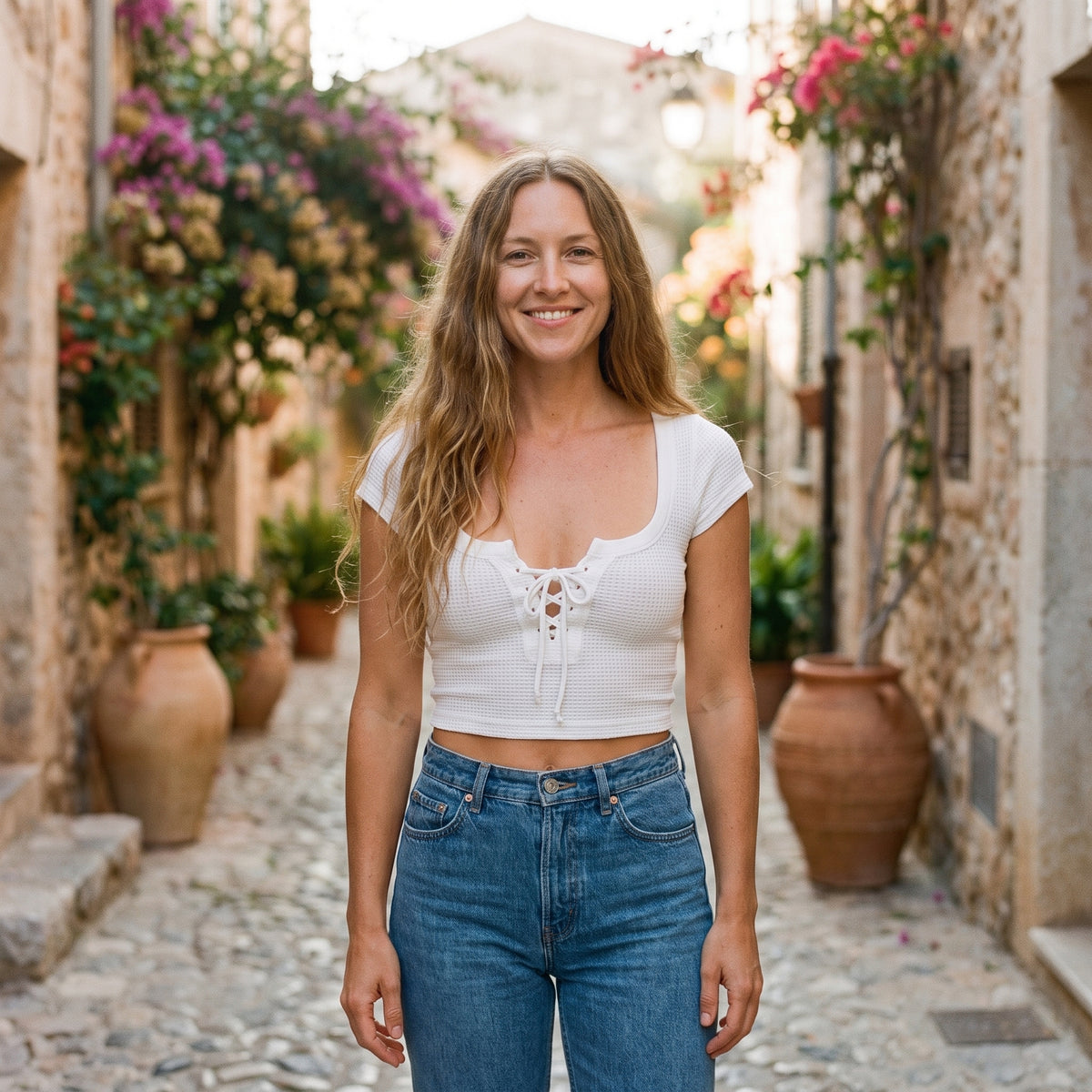 Crop-top maille gaufrée blanc à laçage porté par un modèle souriant