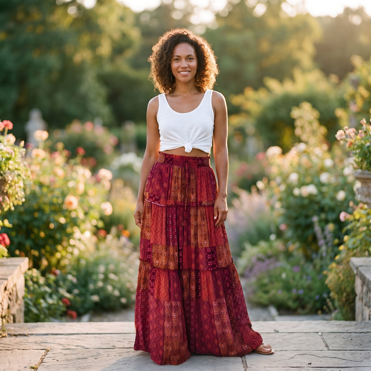 Jupe longue gitane patchwork rouge bordeaux portée par un modèle souriant