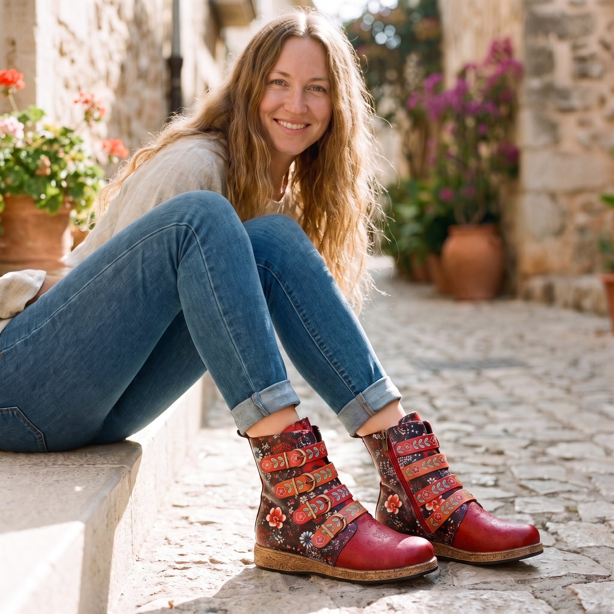 Modèle souriante portant les bottines bohème rouge à fleurs, assise dans une ruelle méditerranéenne Bild