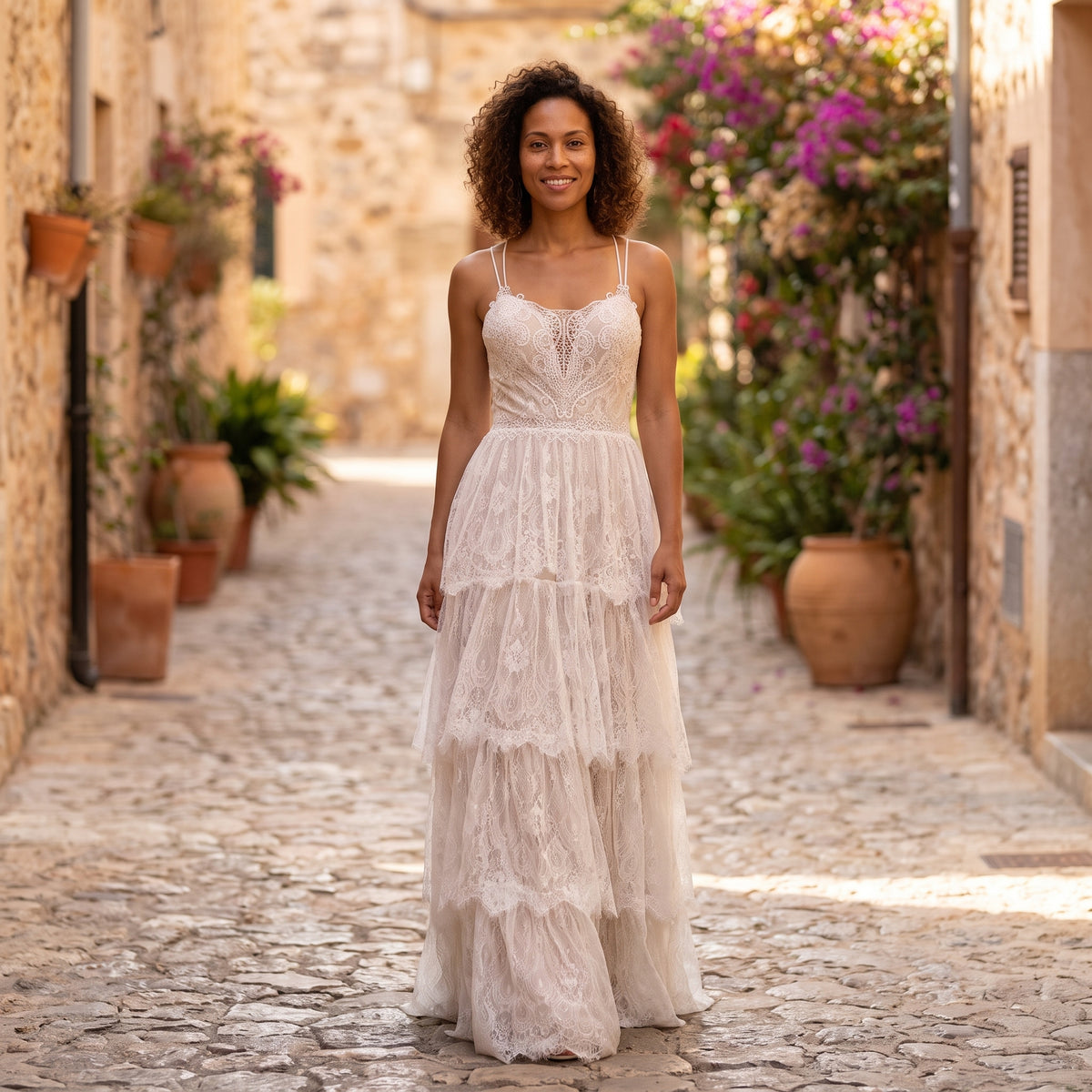 Robe de mariée bohème en dentelle à volants portée par un modèle souriant, ruelle méditerranéenne