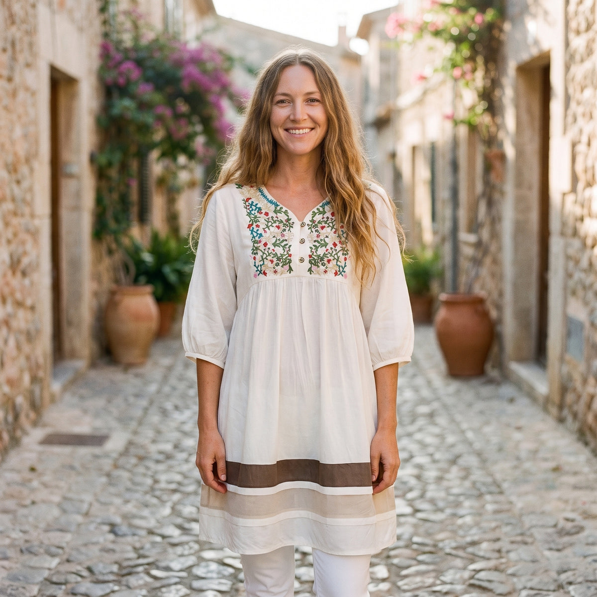 Robe-tunique mexicaine brodée blanche portée par un modèle souriant en ruelle méditerranéenne