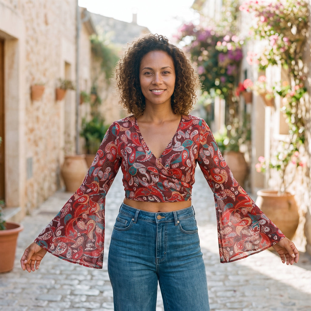 Crop-top bohème 70s cache-coeur rouge paisley à manches pagode porté par un modèle souriant