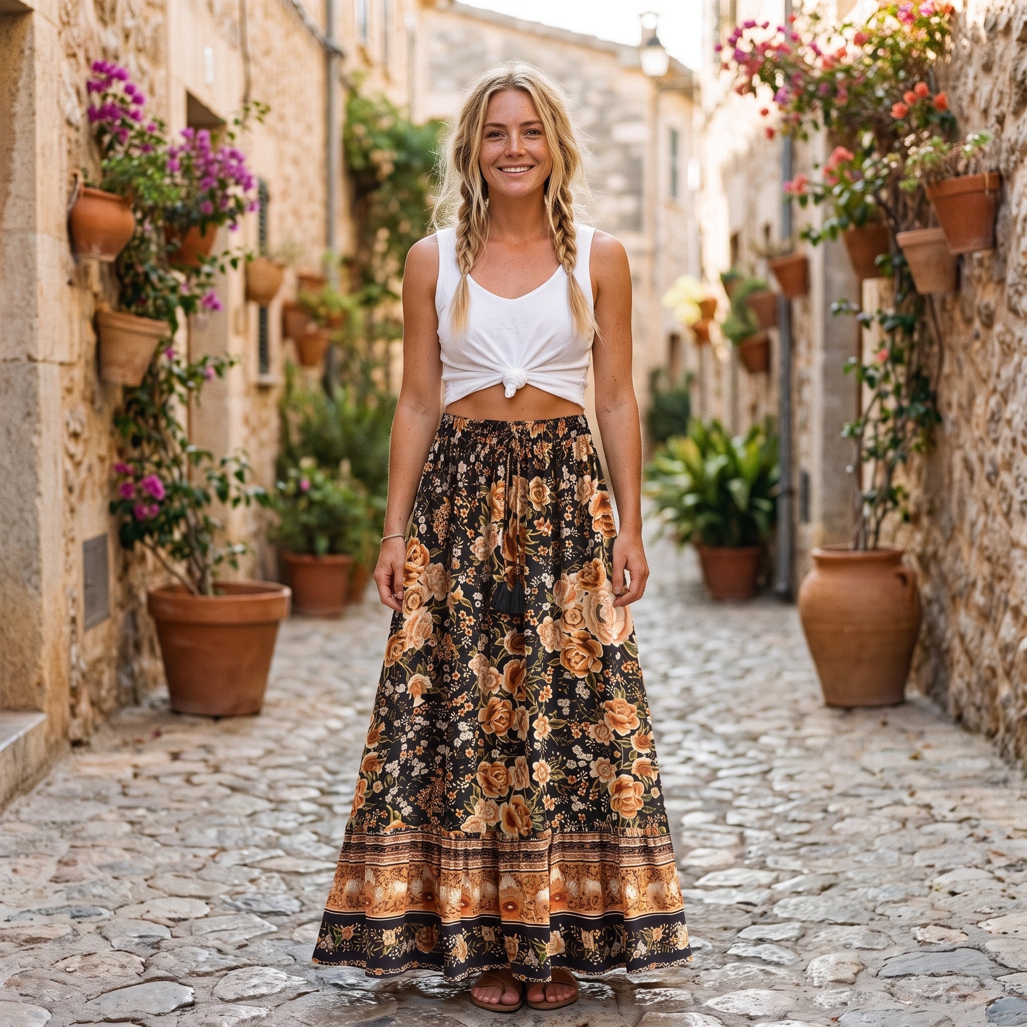 Jupe longue bohème noire à grandes fleurs orange portée par un modèle souriant en ruelle méditerranéenne Image